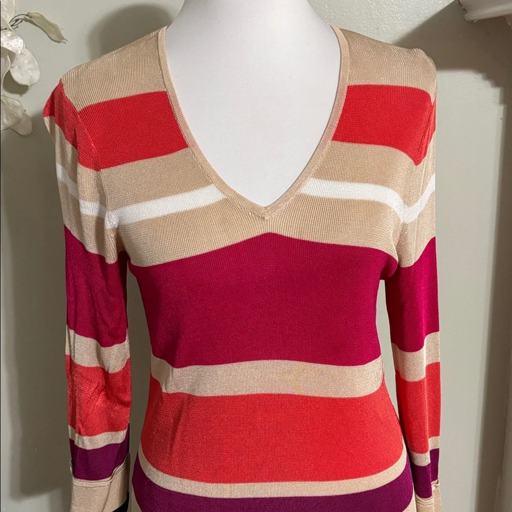 Chico's Red Tan Purple Striped V Neck Sweater Size 2